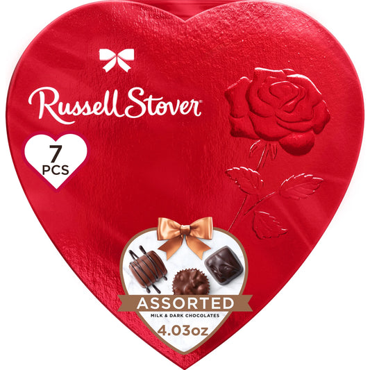 RUSSELL STOVER Valentine's Day Red Foil Heart Assorted Milk & Dark Chocolate Gift Box, 4.03 oz. (7 Pieces)